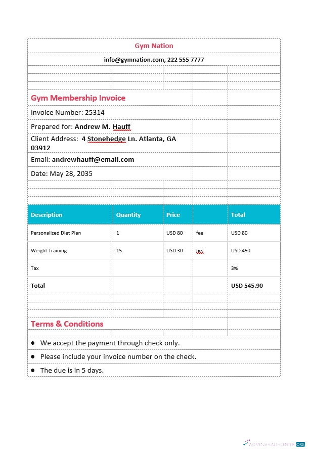 Download Gym Membership Invoice Template Photoshop template